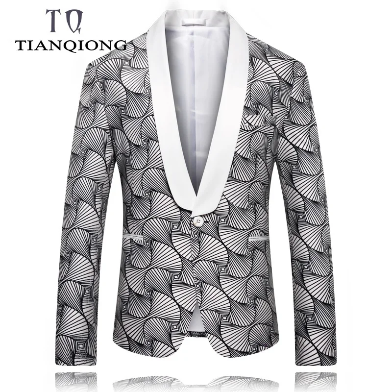 

TIAN QIONG Slim Fit Mens 2019 Spring Blazer Jacket Shawl Collar Men Blazer Designs Fashion Printed Party Prom Stage Blazers