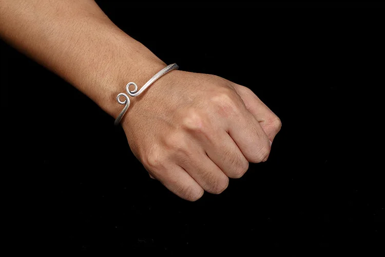 Uglyless Solid 99% Full Silver Curved Bangles for Women Twisted Buddhism Heart Sutra Open Bangles Adjustable Glossy Fine Jewelry