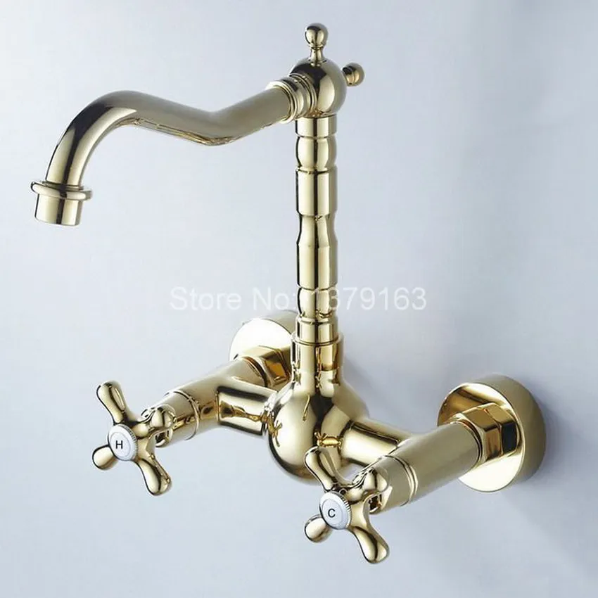 Gold Polished Brass Double Cross Handles Swivel Spout Kitchen Bathroom Tub Sink Faucet Mixer Water Taps agf054