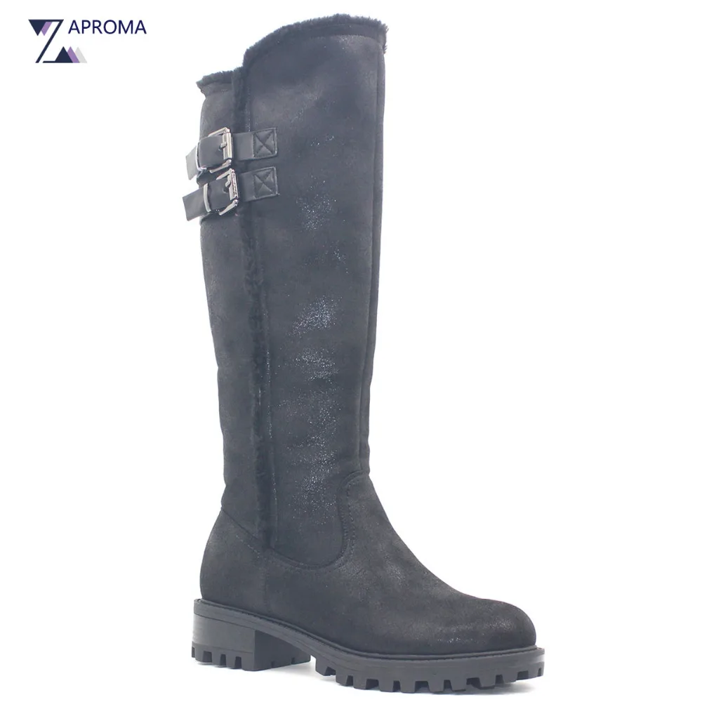 Flock Snow Boots font b Women b font Buckles Warm Med Heel Black Slim Mid Calf