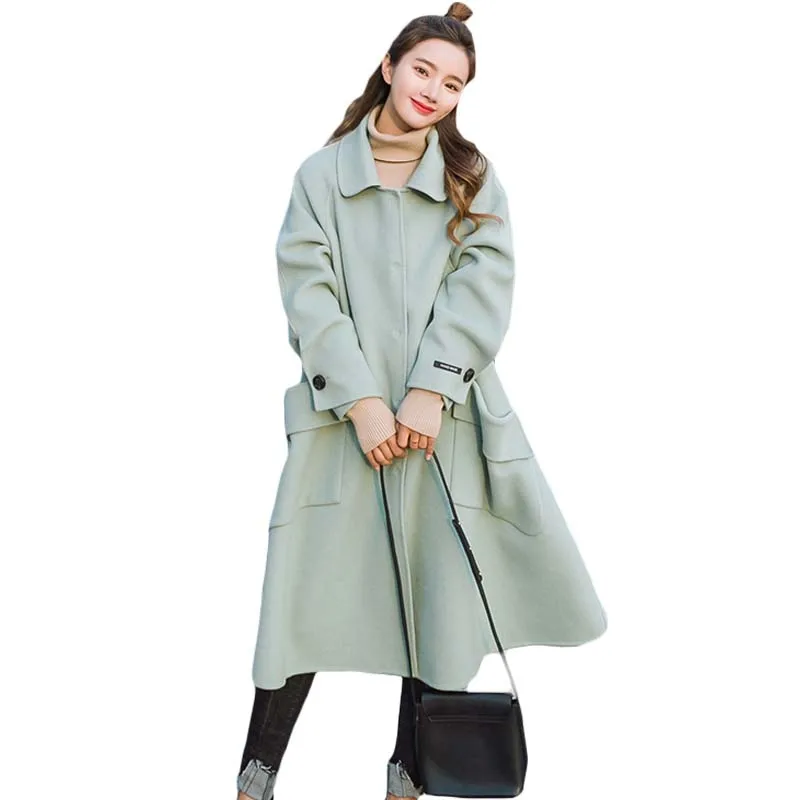 Image 2017 New Fashion Wide waisted Style Women Winter Long Pea Green Coat Square Collar Loose Warm Trench Coat with Big Pockets XH593