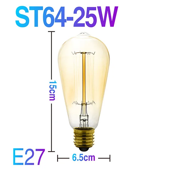 Ампулы Ретро Винтаж Эдисон лампы ST64 G95 ST48 T10 T185 T300 T45 E14 E27 220 В лампа накаливания лампы накаливания светильник теплый белый - Цвет: ST64 25W E27