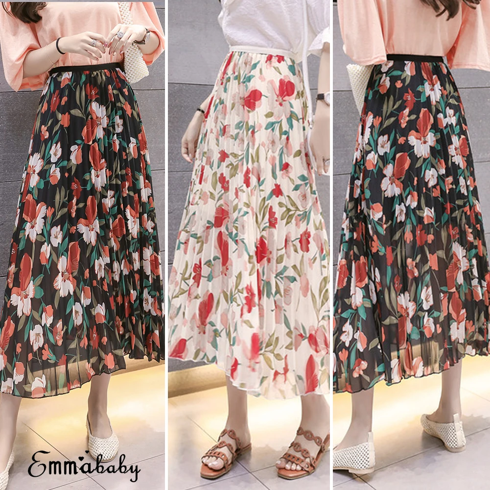 Женский Boho двухслойный длинный макси шифоновый юбки женские s сарафан летние женские пляжные плиссированные юбки Femme цветочные юбки
