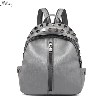 

New Zipper Patchwork High Quality Mini Solid Vintage Women's Rivets Leather Backpack Satchel Travel School Rucksack Bag 2019