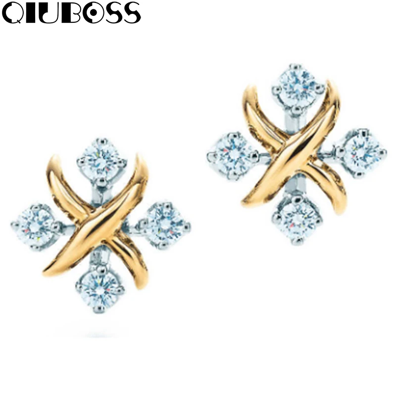 

QIUBOSS TIFF 925 Sterling Silver Genuine Charm Zirconia Clover Elegant Temperament Ladies Earrings