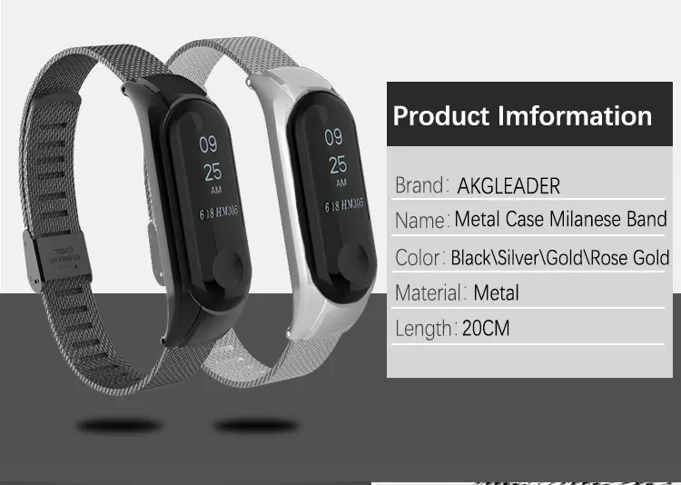 AKGLEADER mi Band 3 4 металлический ремешок без винтов из нержавеющей стали для Xiaomi mi Band 2 3 браслет напульсники Pulseira mi band 3 4