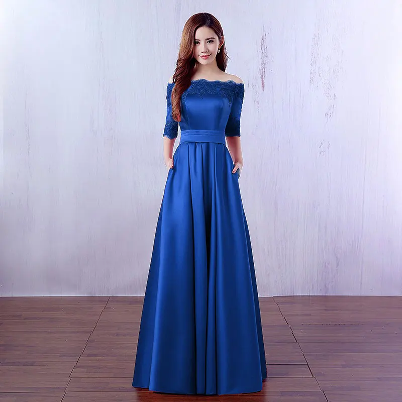 Новые элегантные длинные кружевные вечерние платья Атласные платья с полурукавом Торжественное вечернее платье под заказ - Цвет: Royal Blue