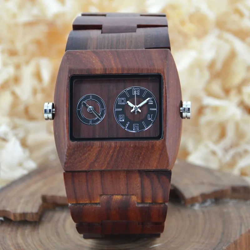 

BEWELL Luxury Wooden Watch Multiple Time Zone Unique Red Sandalwood Watch for Men Luxury Brand Role Watches Rectangle Case 021C
