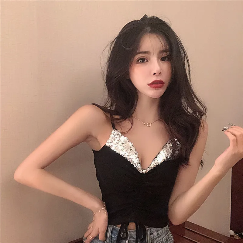 Женская одежда Camis расшитые блестками белые сексуальные спагетти ремень с плечом с низким вырезом Женские топы Новые популярные летние стильные модные брендовые