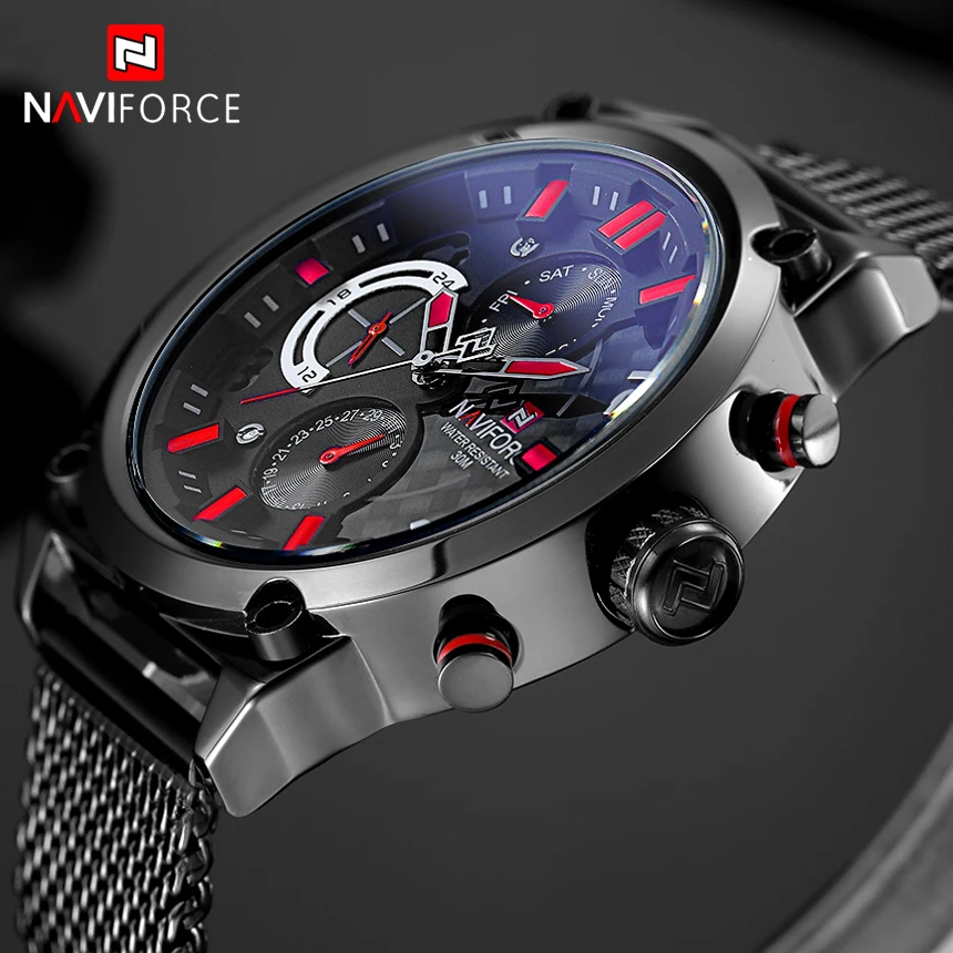 NAVIFORCE Brand Black Fashion Mesh Steel Mens Quartz Watch 24 Hour Date Clock Male Sport Military