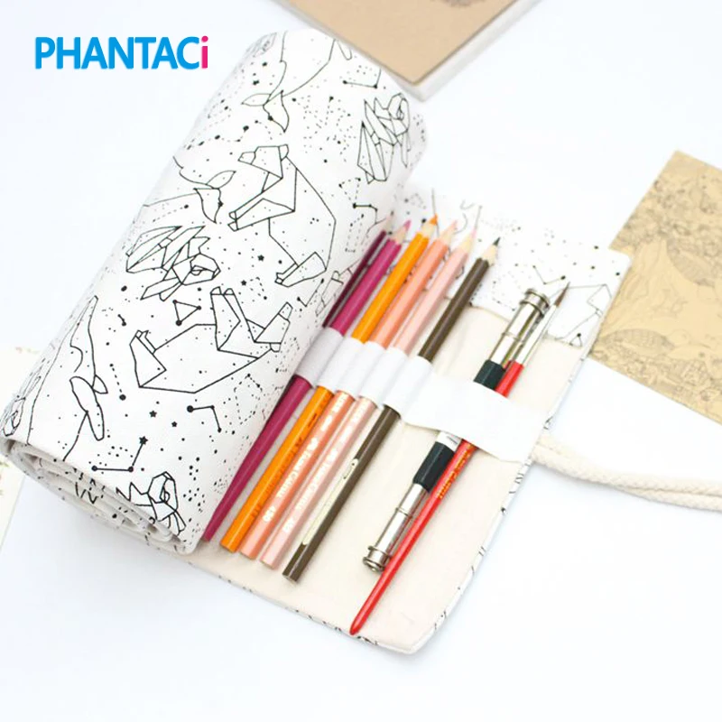 

PHANTACI 36/48/72 Holes Big Capacity Pencil Case School Canvas Roll Pouch Colored Pencils Box Constellation Sketch Brush Pen Bag