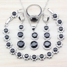 925 пробы серебро 4 шт. комплекты ювелирных изделий черного цвета с круглым носком циркониевое кольцо Размеры 6/7/8/9/10 браслет Длина 19 см для Для женщин JS09