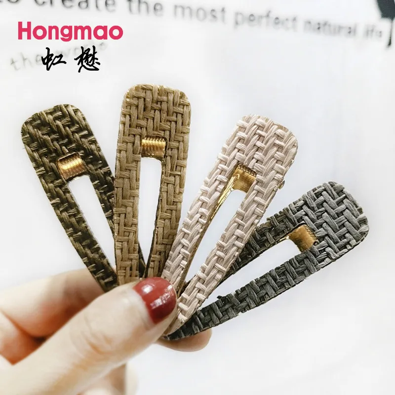 

On Sale 1PC Vintage Handmade Briaded Straw Rattan Hairpins Hollow Geometric Waterdrop Hair Clips Hair Accessories for Women