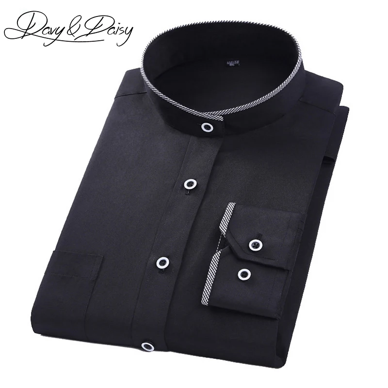 

DAVYDAISY Male Shirt Social Slim Fit Casual Mandarin Collar Long Sleeve Solid Black White Dress Shirt Men Clothes DS-156