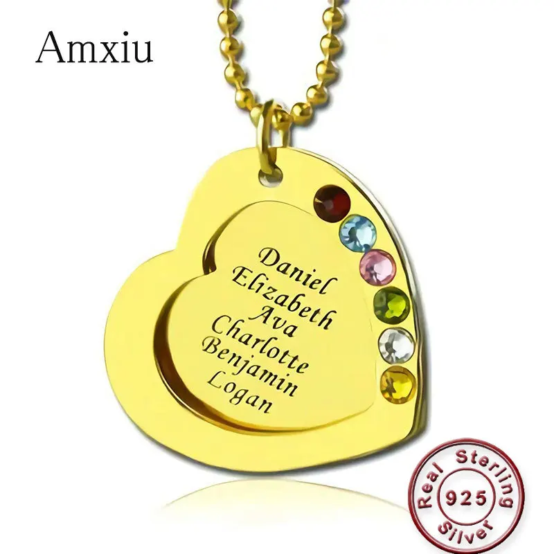 Amxiu Custom 1-6 Names 925 Sterling Silver Necklace Heart Pendant with Birthstones Jewelry for Family Team Souvenirs | Украшения и