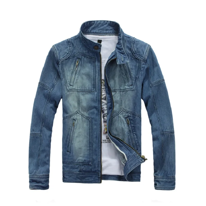 

Men's Jean Jacket Men Denim Jackets for Men Slim Fit Stand Collar 100% Cotton Outerwear Fashion Jean Jacket Coat Male Light Blue