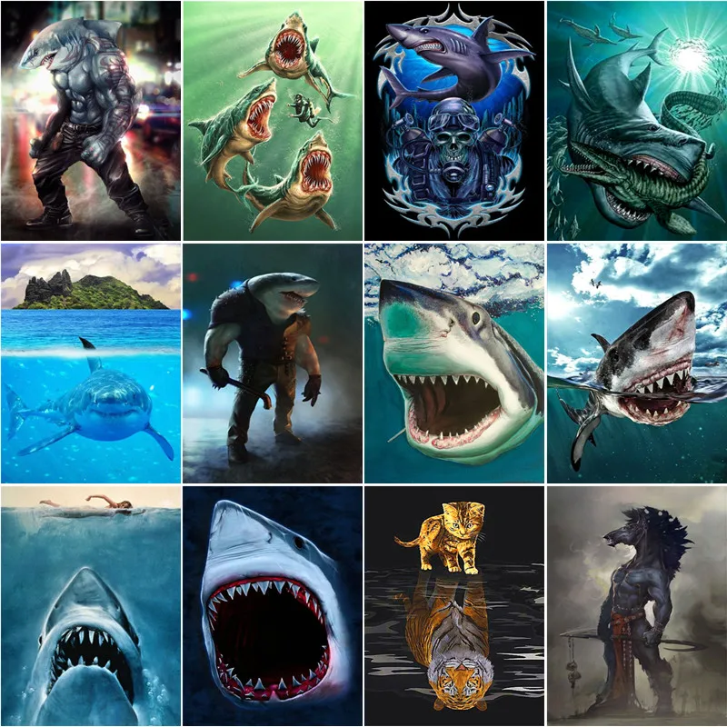 

Hibah Full Circle Diamond Embroidery 5D DIY Diamond Painting "Animal Shark" 3D Cross Stitch Kit Home Decor