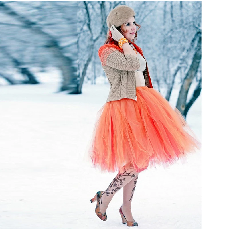 

Mix Color Autumn Winter Style Puffy Knee Length Tulle Skirts For Women Orange Red Midi Tutu Skirt 2017 Retro Style Tulle Skirt