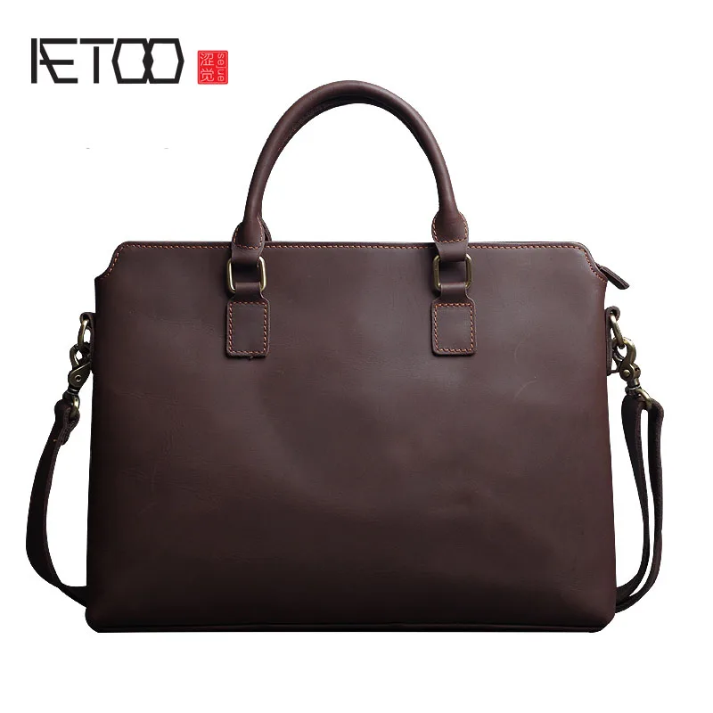 

AETOO Retro leather handbag business casual mad horse leather shoulder bag file bag computer bag