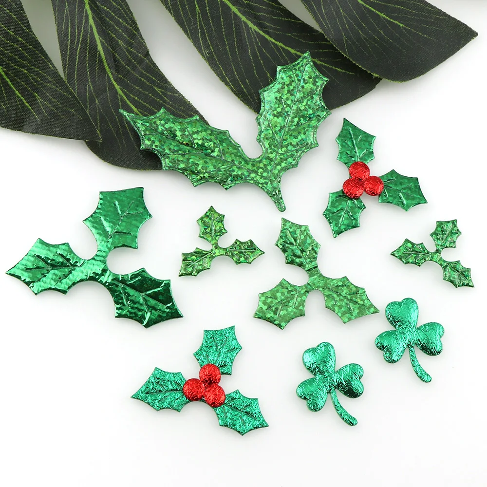 Christmas Tree Decoration 100 Pcs Fabric Laser Shiny Sequins Red Fruit Green Leaves DIY Art Fabric Accessory