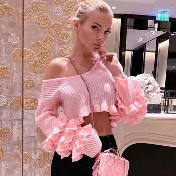 

Female Long Sleeve Sweater Women Sweet Pink Ruffles Knitted Pullover Sexy Jumper