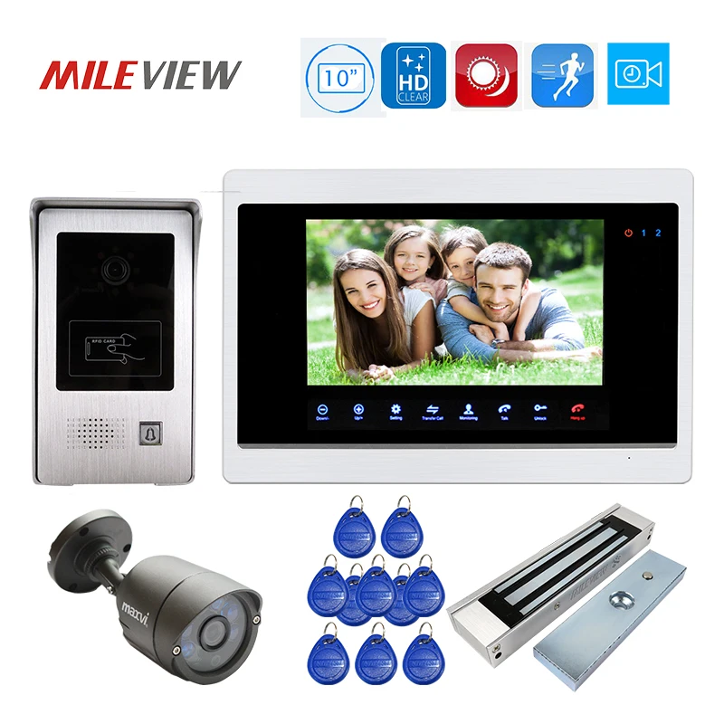 

Free Shipping 1200TVL 10" Video Door Phone Intercom Record Screen Kit RFID Unlock Door Camera Motion Detection Magnetic Lock