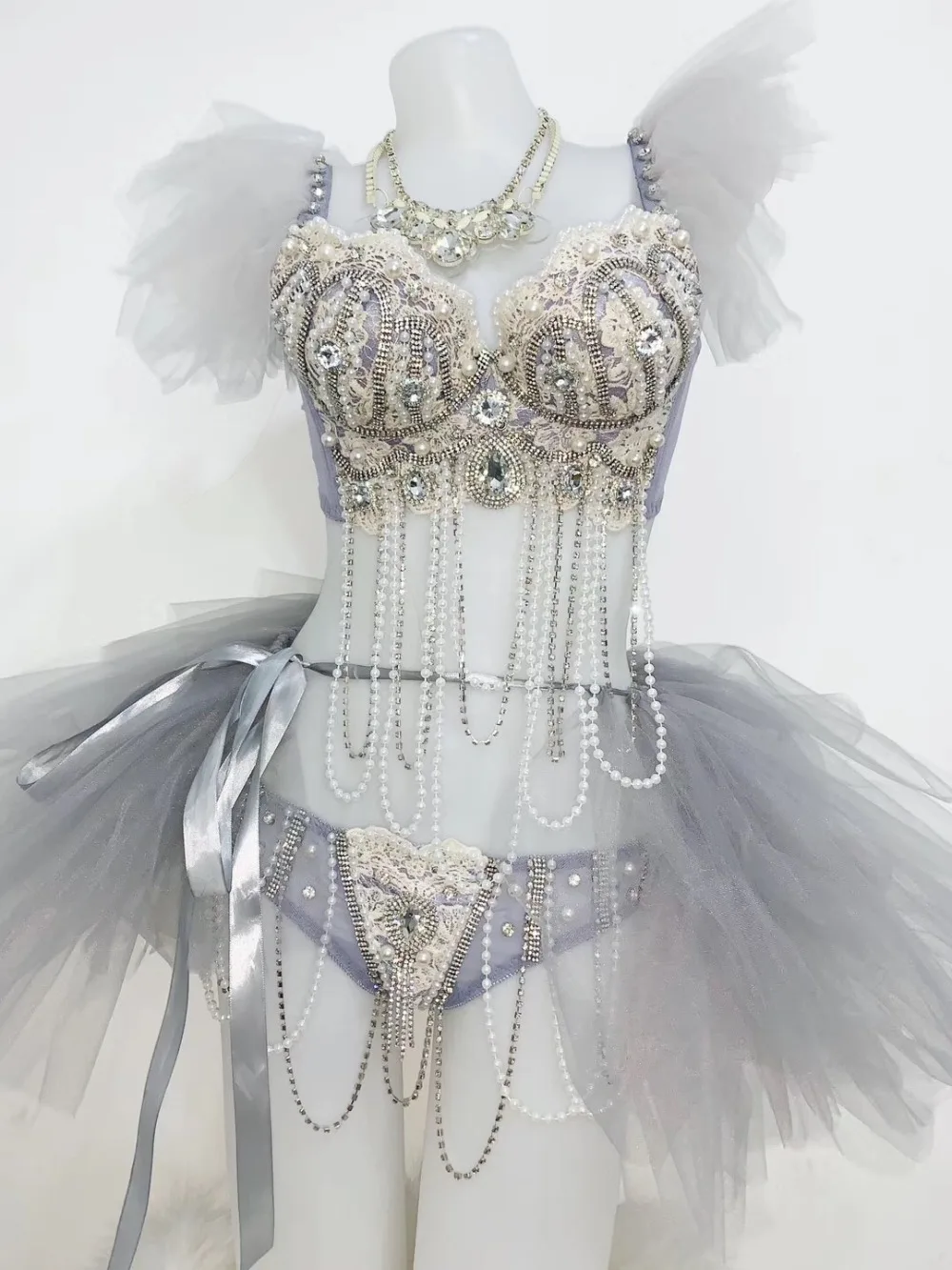 

Bright Crystals Beading Embroidery Bra Short Tutu Skirt Outfit Nightclub Singer Show Bikini Women's Birthday Party Set