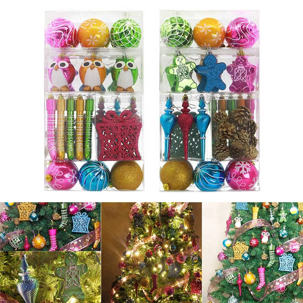 

52Pcs Interesting Christmas Tree Hanging Ornaments Set Plastic Baubles Ball Pinecone Decoration Kit Hogard ST03