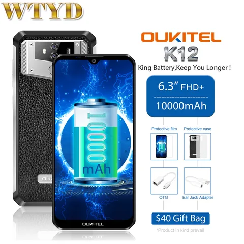 OUKITEL K12 64G MTK6765 Octa Core Android 9 0 Mobile Phone 6 3  Waterdrop Screen 10000mAh 5V 6A Quick Charge Smartphone