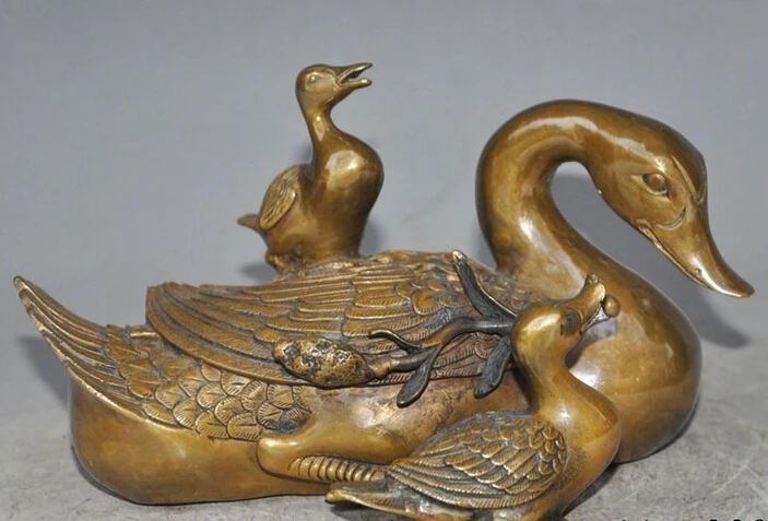 

xd 002181 9"folk China fengshui Bronze Lotus 3 Duck Quack-quack bird family lucky Statue