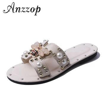 

19 summer new luxury high quality rhinestones h slippers female outdoor versatile flat shoes vacation beach net red word sandals