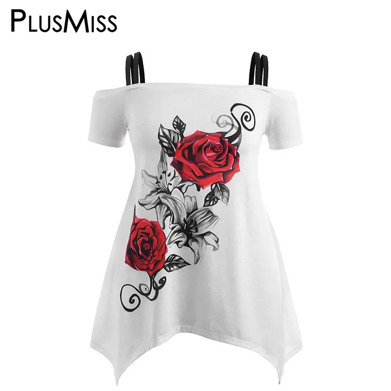 

PlusMiss Plus Size 5XL Rose Floral Print Tops Women Clothing Big Size Summer Sexy Off the Shoulder Spaghetti Strap Blouse 2018