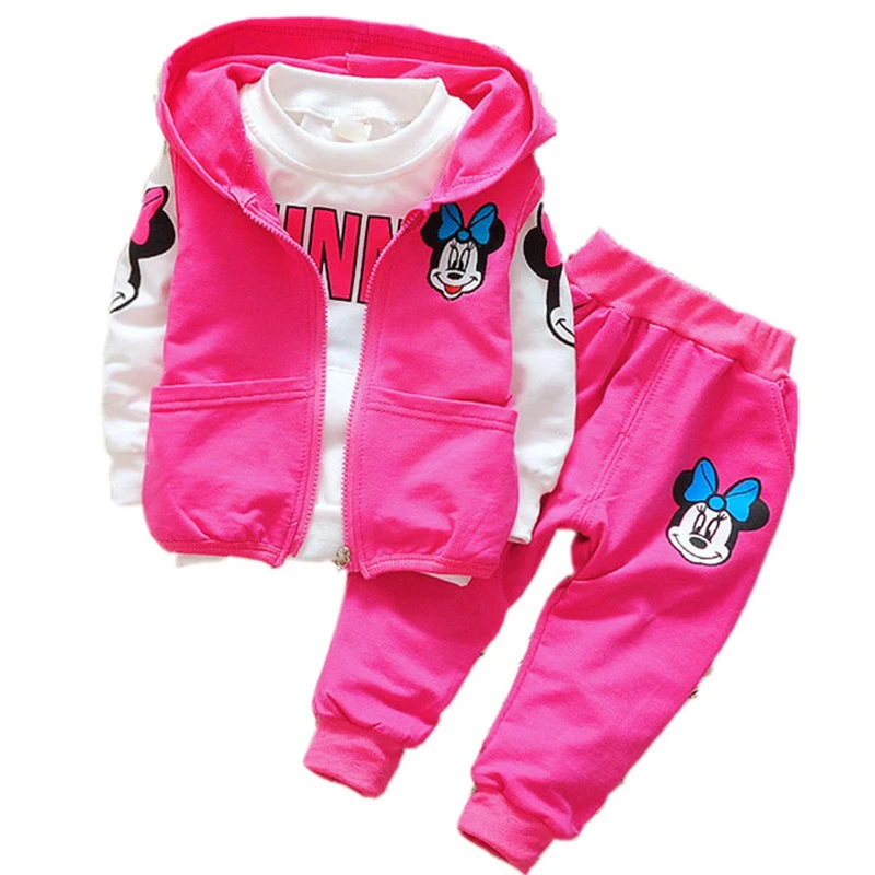 

Cheaper Kids Girls Minnie Mickey Clothing Suit Boy Autumn Hooded Vest Coat T shirt Pants 3 Pcs Sport Suits Kids Cartoon Clothes