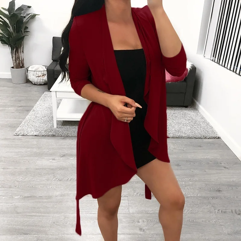 Kimono Solid Long Sleeve Asymmetrical Fashion Women Kimono Cardigan Spring Autumn Slim Long Cardigan Plus Size Ladies Tops H30 - Цвет: Wine red