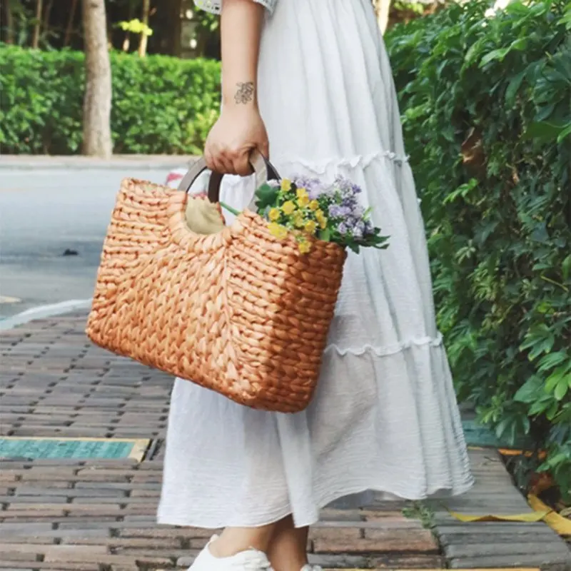 

2019 New Women Fashion Straw Handbag Shoulder Bag Shopping Beach Travel Crossbody Bag Wood Handle Casual Large Capacity Tote Bag