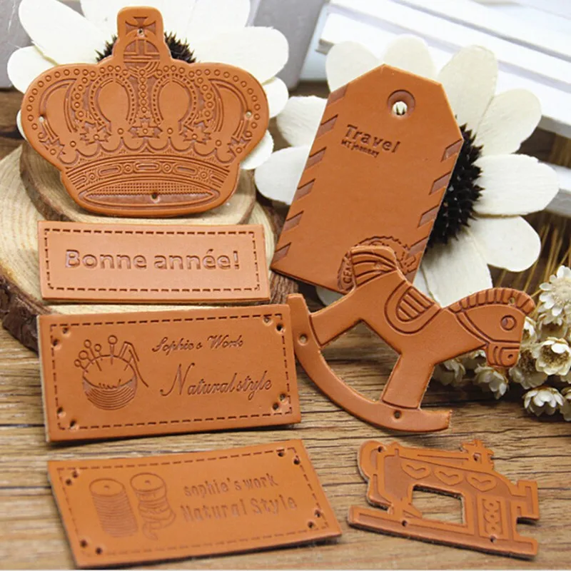 1000 pcs/lot Custom shop name pu leather embossed label brown clothing