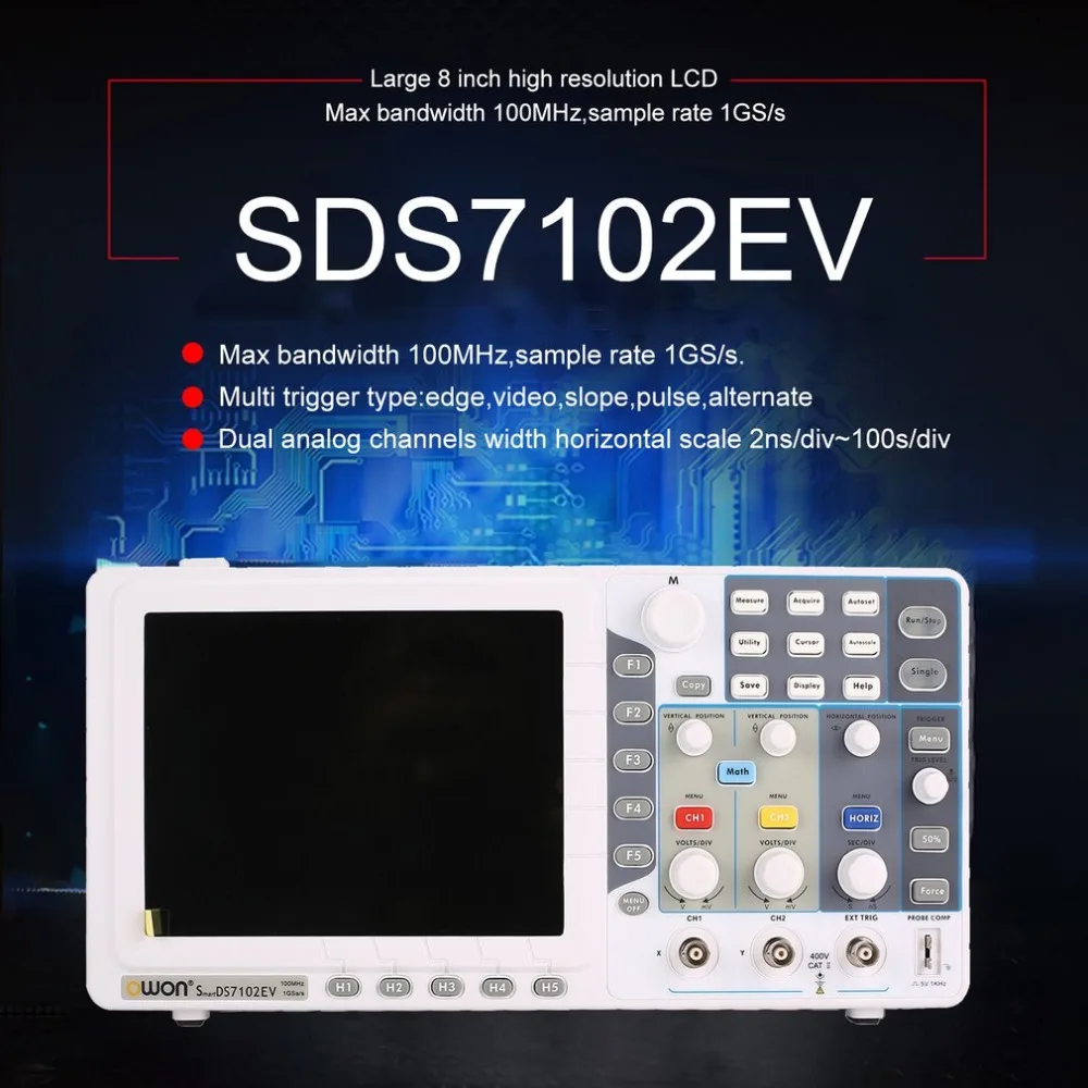 

Owon SDS7102EV Digital Storage Oscilloscope 100MHz 2+1 Channels Record USB Waveform Generator Logic Analyzer Spectrum