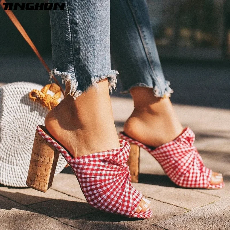 

TINGHON NEW Red checked cloth Gladiator Summer Fashion Ladies Slipper Shallow Square Hight Heel Women Shoes Wear Outside Shoes
