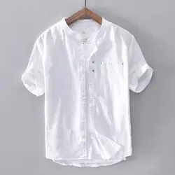 2019 Мужская рубашка с коротким рукавом и стоячим воротником из хлопка простая Мужская льняная хлопковая