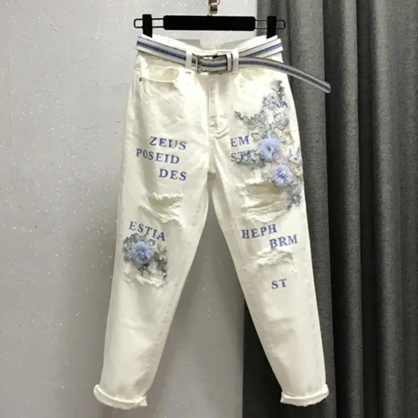Модные женские рваные штаны-шаровары с высокой талией, с буквами, цветами, бисером, белые джинсы - Цвет: white