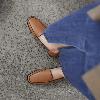 

YMECHIC New Arrival 2019 Brown Real Cow Leather Low Chunky Heels Loafers Square Toe Shallow Slip on Daily Ladies Shoes Plus Size