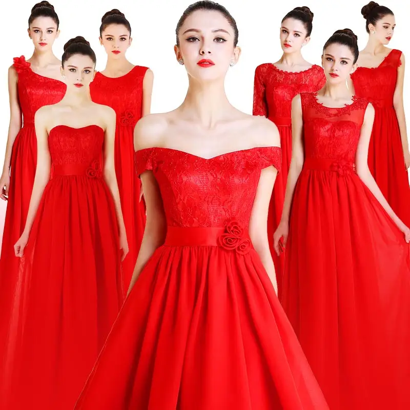 Sweet memory Red bridesmaid dress lace chiffon long dresses SW180321 | Свадьбы и торжества