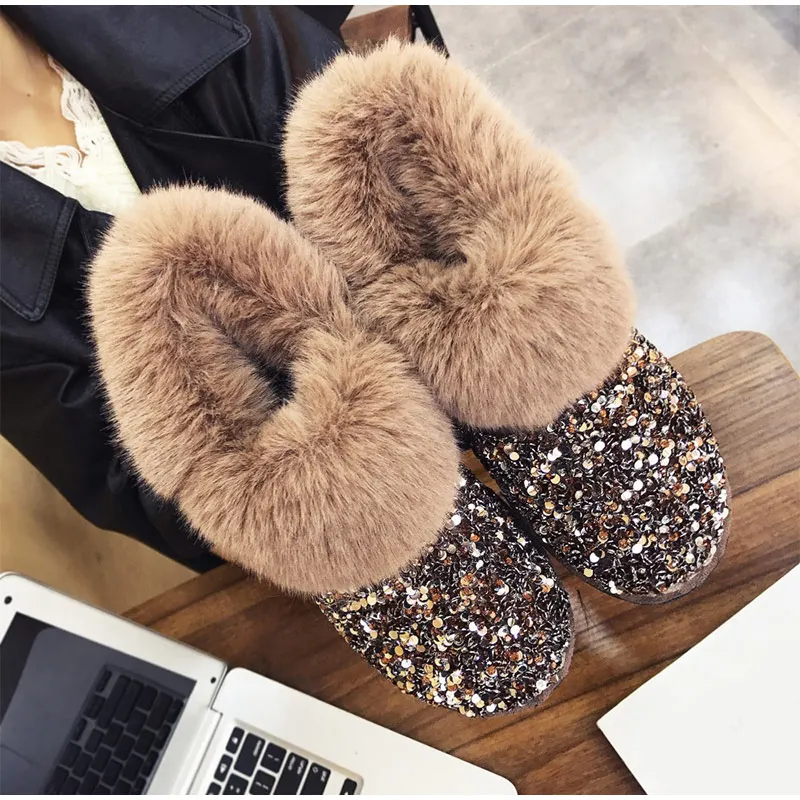 

Winter Women Snow Boots Warm Fur Plush Bling Sequined Cloth Sewing Female Flat Shiny Slip On Fashion Comfortable Ladies Shoes