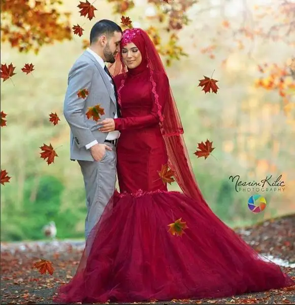 

Vestido de noche 2017 Dubai Arabic Muslim red Evening Dress High-neck Long sleeves Prom Dress Saudi Arabia Mermaid Party Dress