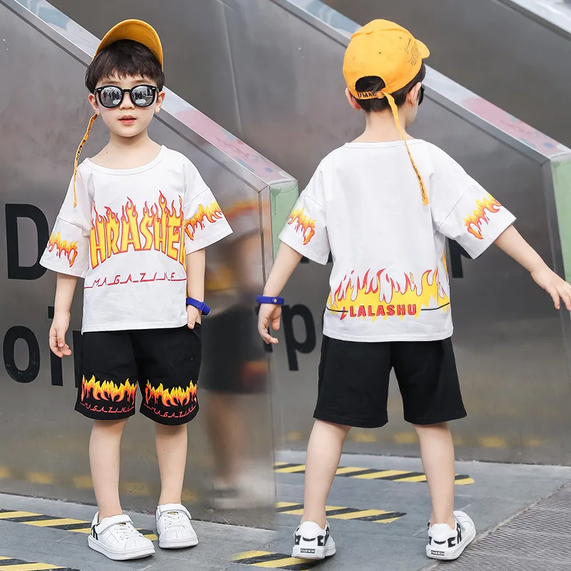Спортивные костюмы для мальчиков, детская одежда для уличных танцев, летняя одежда, футболка с рисунком огня+ шорты, 2 предмета, одежда для маленьких мальчиков, roupa infantil