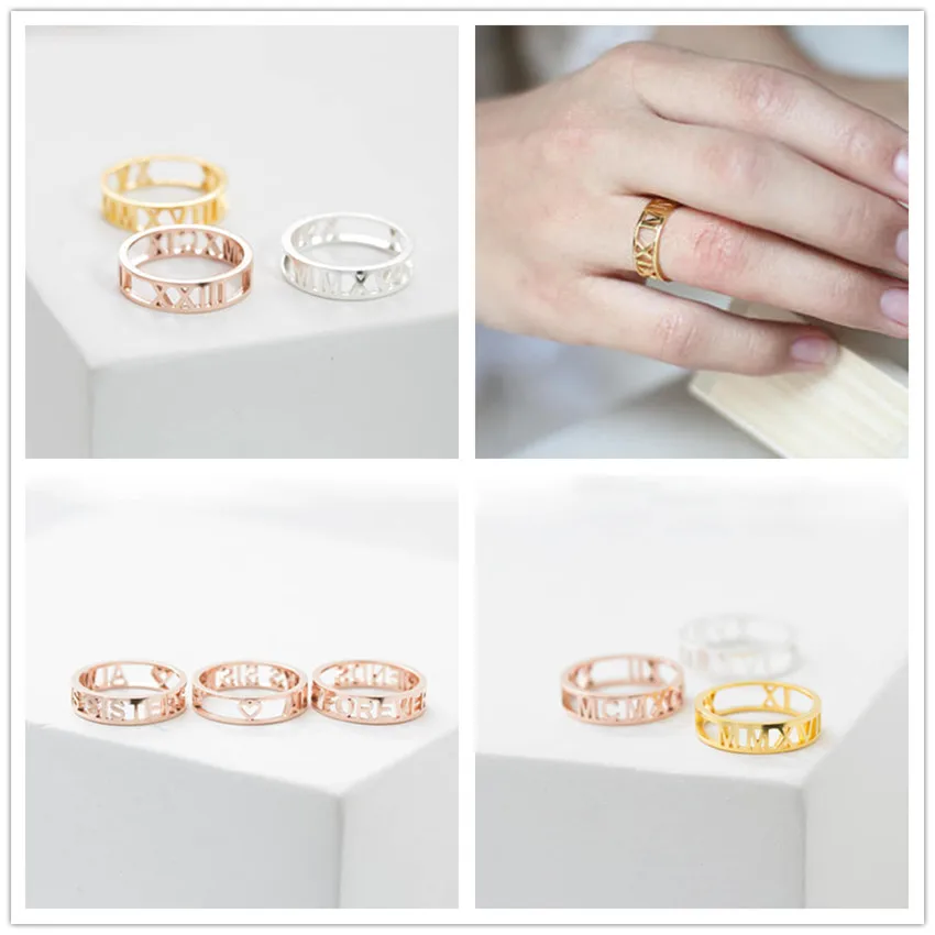 Bridal Jewelry Coordinates Custom Roman Numerals Ring Personalized Name Wedding Date Rings For Women Stackable Engagement Anel