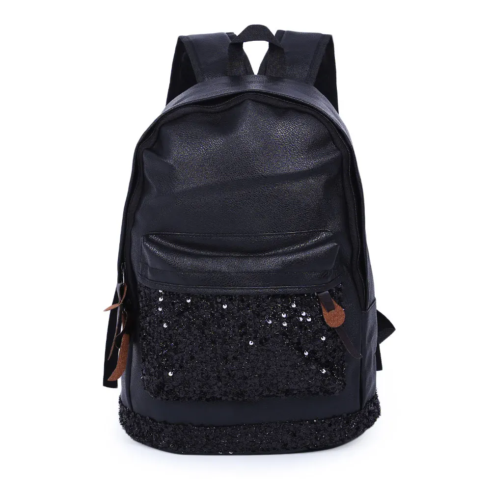 Hot Sell Women Casual Pure Color Backpack Bag PU Leather Bags Black Zipper Type Sequins Decoration Shoulder | Багаж и сумки