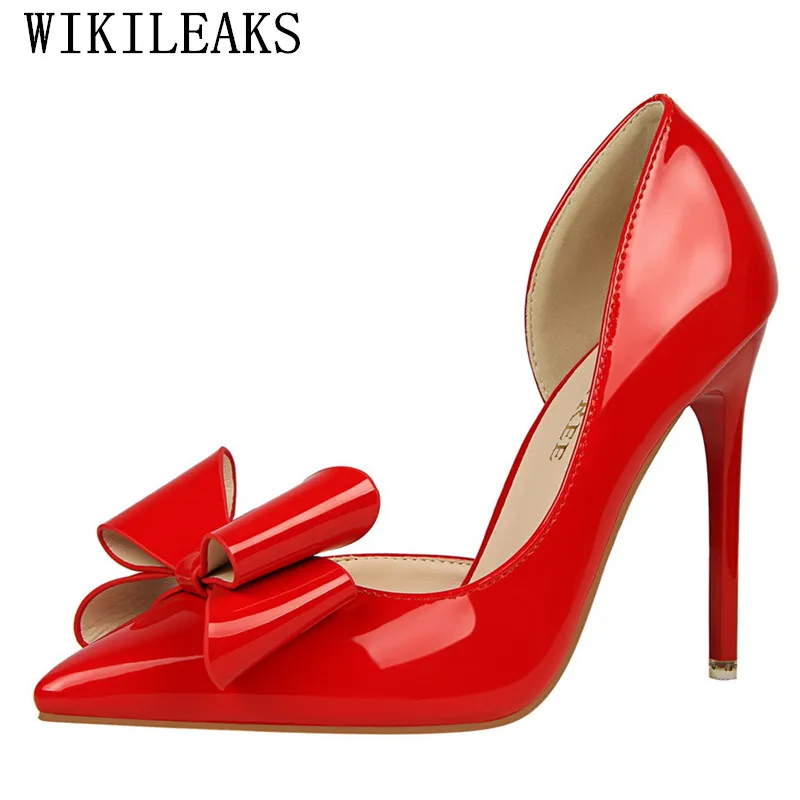 

butterfly-knot wedding shoes patent Leather woman pumps designer luxury brand red fetish high heels valentine shoes bigtree shoe