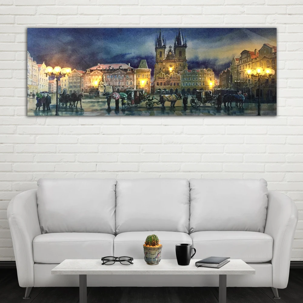 Светодиодная настенная Картина на холсте в Праге, акварельный пейзаж, печать на холсте, светильник, Декор, живопись, произведение искусства, печатная растягивающаяся рамка, большой размер
