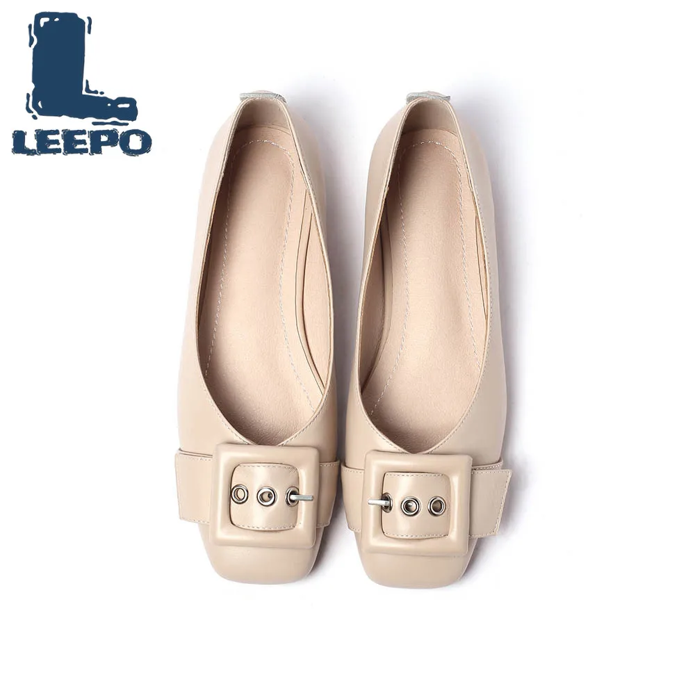 

LEEPO Flat Shoes Women Genuine Leather Ballerina Shoes Fenty Beauty Solid Square Toe Buckle Woman Comfort Goddess Platform Shoes